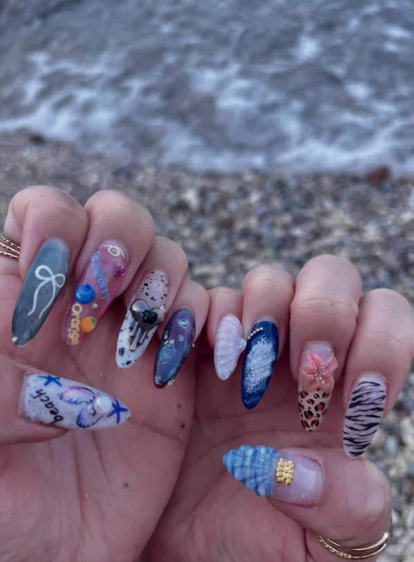 Ocean themed nail art with beach details