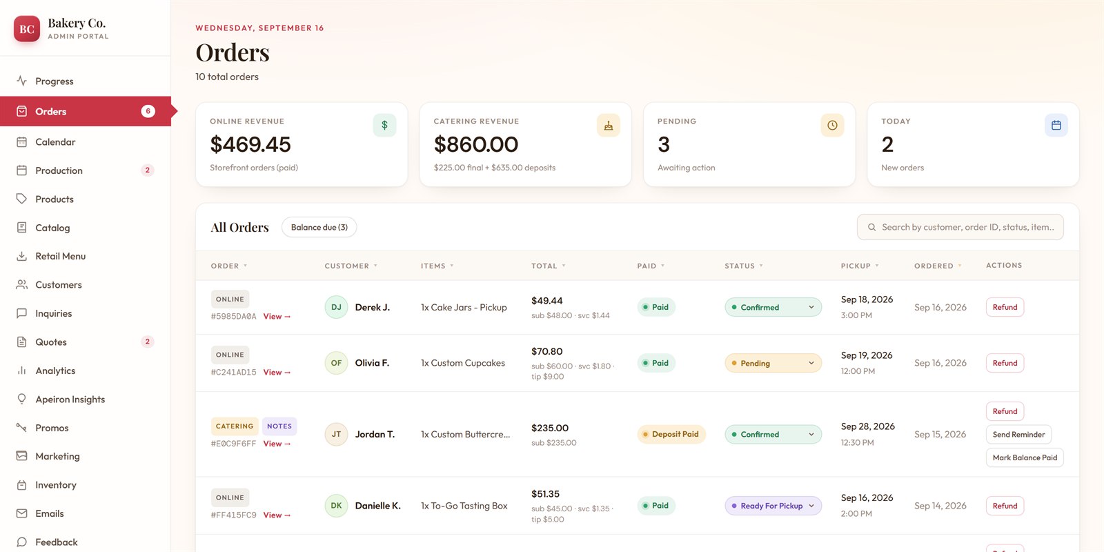 The orders screen of an admin we built, shown as Bakery Co. with sample data