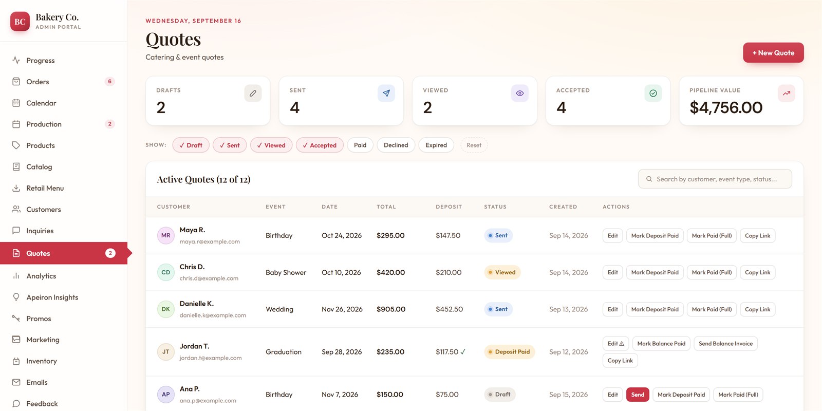 Quotes list in an admin we built, shown as Bakery Co. with sample data