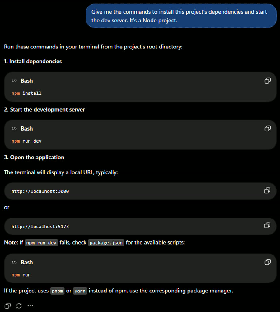 Plain ChatGPT, temporary chat with no Box: npm install and npm run dev as two separate commands, labeled Bash