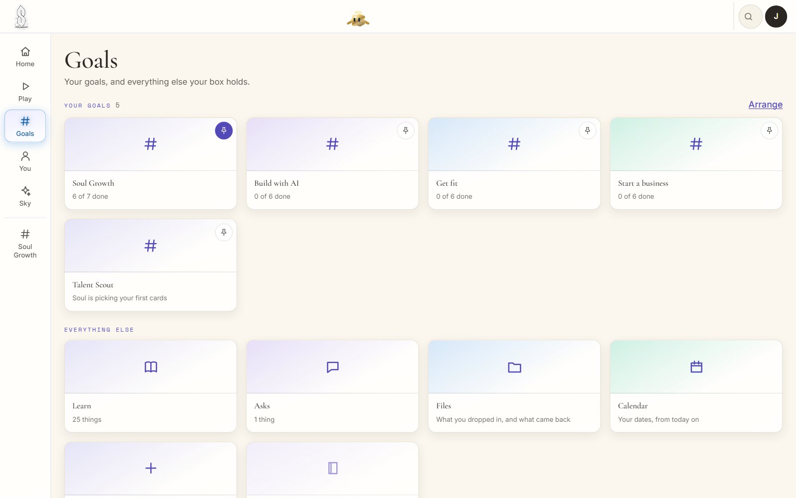 Soul's Goals tab: a card for each of five goals with how many are done, then Learn, Asks, Files and Calendar