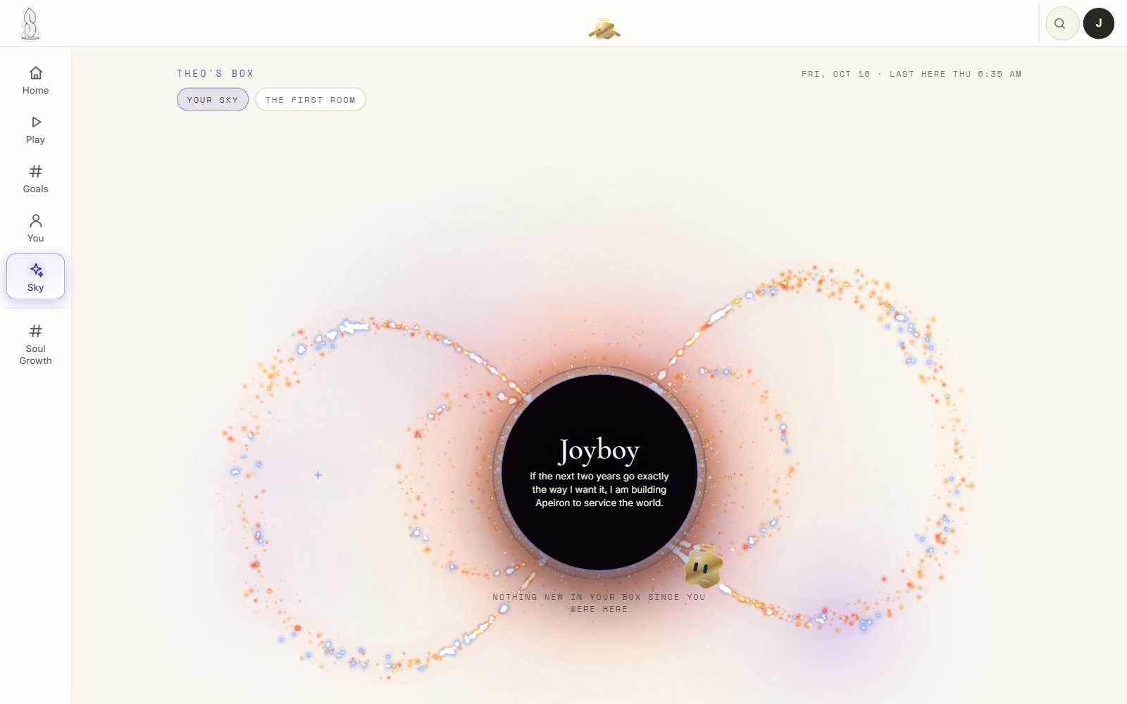 Soul's Sky tab: an infinity path of stars around a black circle reading Joyboy, with the gold Onibee riding the path