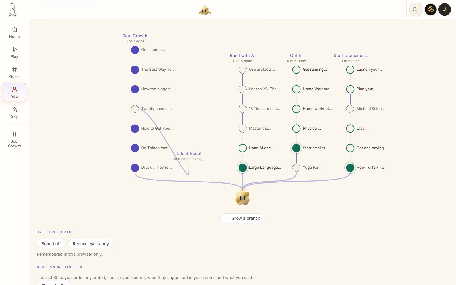 Soul's You tab: a tree with five branches, one per goal, growing out of a small gold Onibee